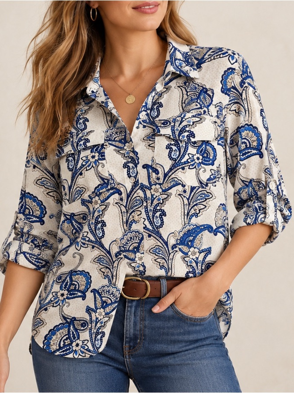 Tommy Hilfiger Blue Paisley Button Front Roll Tab Coastal Grandma Boho Blouse